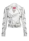 Glam and Gloria Women's White Studded Moto Jacket Rivet Studs Faux Leather Biker Punk Short Coat - S