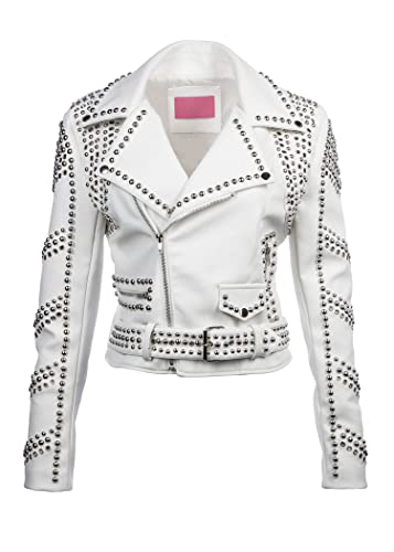Glam And Gloria Women's White Studded Moto Jacket Rivet Studs Faux Leather Biker Punk Short Coat - Size X-Large #TOP16