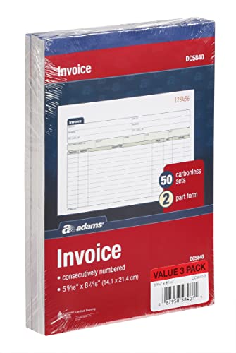 adams invoice book 3 pack 2 part carbonless invoices horizontal sales slip 5-916 x 8-716 inches 50 sets per book dc5840-3
