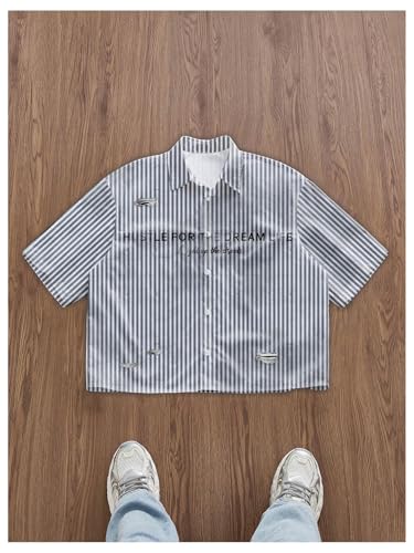 GORGLITTER Men's Ripped Letter Graphic Y2k Button Down Shirt Striped Short Sleeve Street Tops2