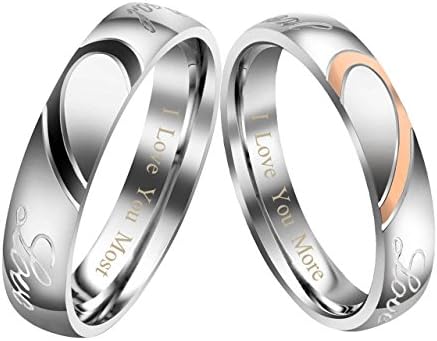 Jovivi 2pc Men Women Personalised Couples Rings Engarved Custom Stainless Steel Heart Matching Couples Rings Pendant Necklaces for him and her Sets Wedding Valentines Gifts