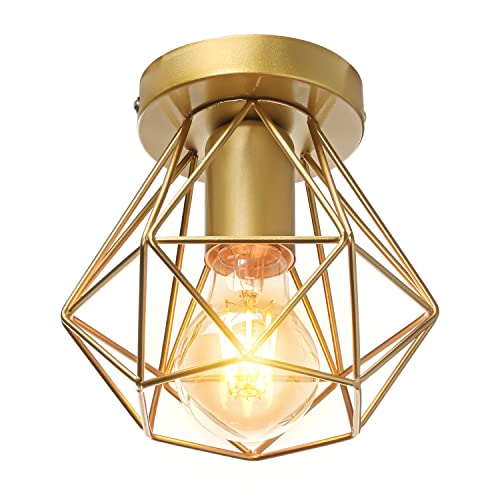 STOEX Plafonnier industrielle cage en métal fer forge, retro suspension luminaire lustre style vintage lampe de plafond, E27 base Ø16cm (Doré)