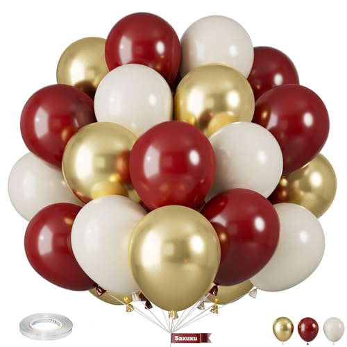 Saxuxu Red and Gold Balloons 12 Inch Burgundy Gold Balloons Maroon Balloons Metallic Gold Dark Red White Latex Balloons Helium Support for Wedding Anniversary Engagement Birthday Party Decorations