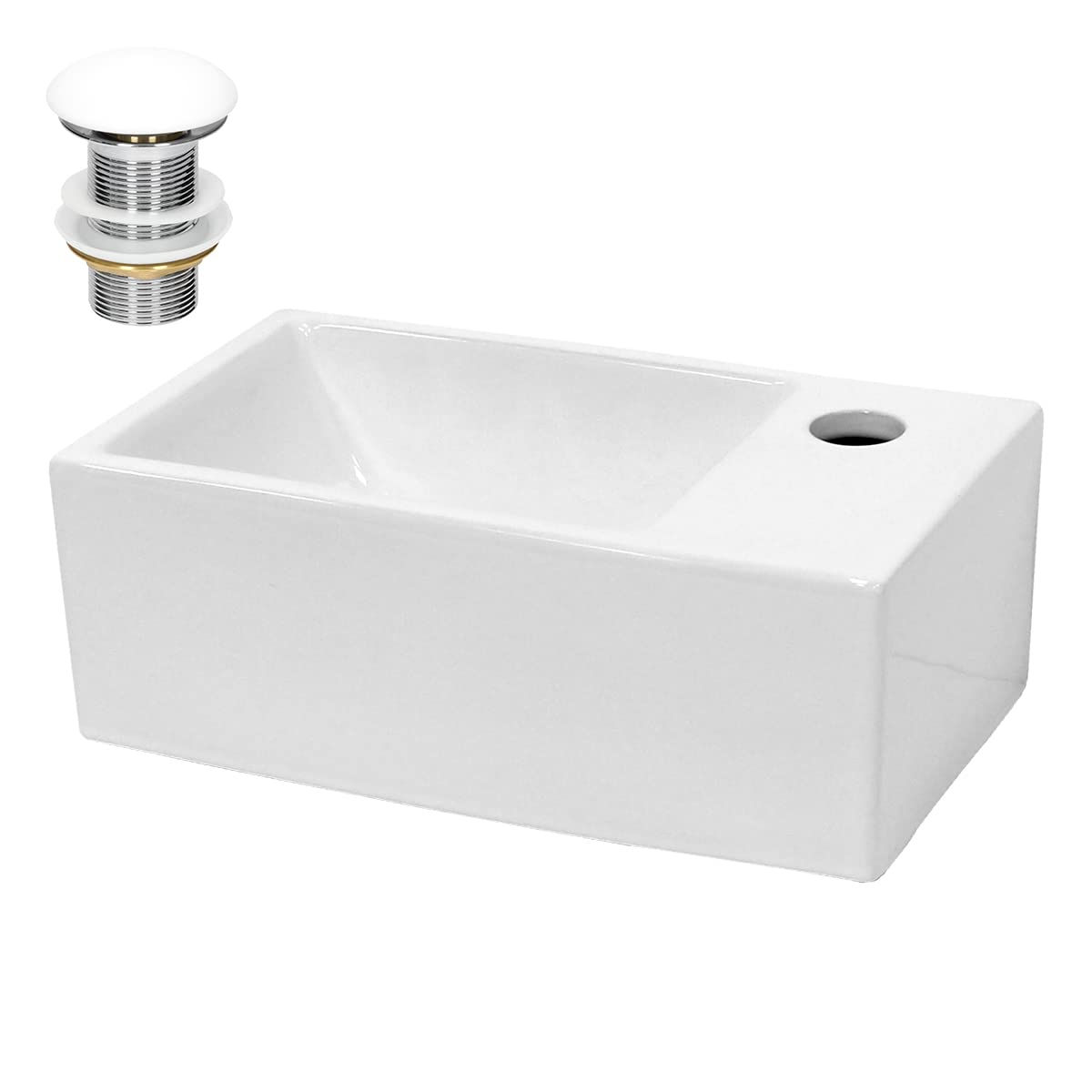 ECD Germany Lavabo da Appoggio o Parete con Set di Scarico 350 x 205 x 125 mm Ceramica Bianca Rettangolare Lavandino senza Troppopieno Lavamano da Bagno con Piletta Montaggio del Rubinetto a Destra