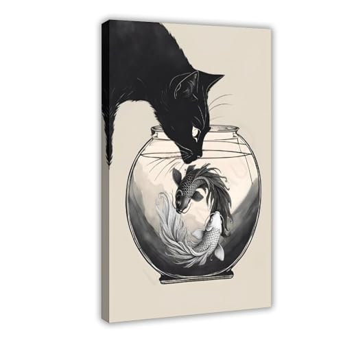 Impression toile style japonais chat noir et aquarium œuvre touchante pour la maison