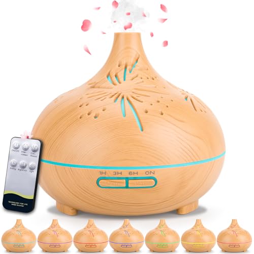 SaiXuan Difusor de Aceites Esenciales 550ml, Humidificador Ultrasónico Madera Silencioso con Luces LED, Temporizador y Mando a Distancia, Difusor de Aromaterapia para Dormitorio, Oficina y Regalo