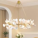 uznhty Dining Room Tree Branch Chandelier 35.5' Modern Gold Chandeliers Light Fixture 28 Lights Round Ceramic Ginkgo Leaf Farmhouse Lighting for Bedroom Kitchen Living Room and Entryway