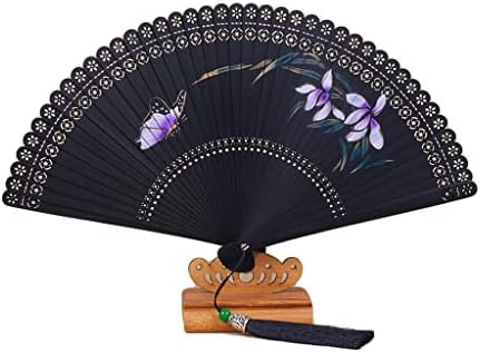 Folding Hand Fan for Women Orchid Pattern Bamboo Handheld Folding Fan Chinese Vintage Bamboo Fan for Wall Decoration (Color : Black)