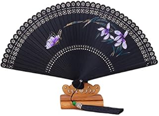 Folding Hand Fan for Women Orchid Pattern Bamboo Handheld Folding Fan Chinese Vintage Bamboo Fan for Wall Decoration (Color : Black)
