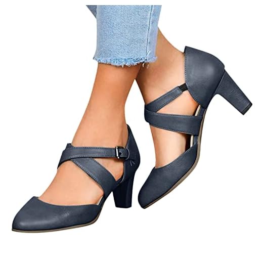 Aniywn Women's Stilettos Mid Heel Strappy Mary Jane Shoes Low Block Heels Closed Round Toe Office Work Wedding Pumps Blue