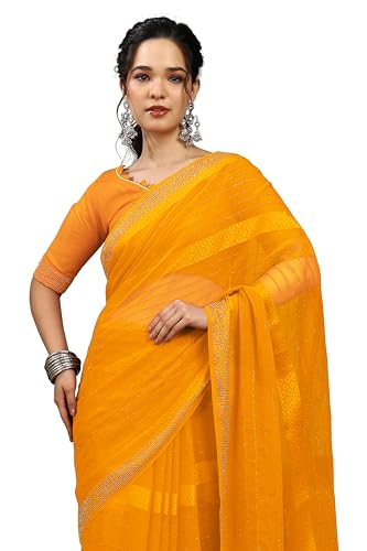 Image of MIRCHI FASHION Saree for Woman Georgette Solid with Satin Stripes | Stone Border Farewell and Ceremonial Sari with Blouse Piece