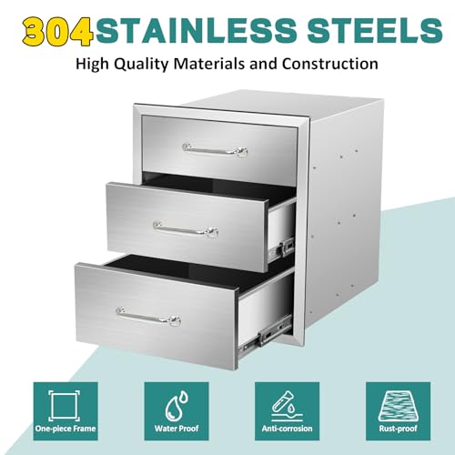 Image of Outdoor Kitchen Drawers 18 inch W x 21 inch H x 21 inch D Stainless Steel Drawer BBQ Triple Drawers with Chrome Handle for Outdoor Kitchen Island, Patio Grill Station