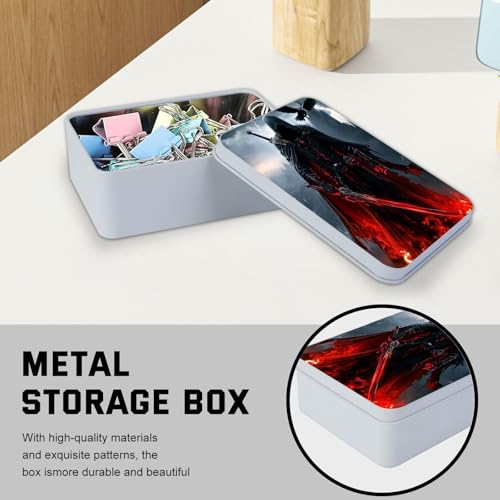 Image of Metal Tin Box with Lid,Multi-functional Storage Box Can Store Tea Biscuits Game Cards, Playing & Tarot Cards-Comes with 4 Magnetic Cord Clips,Dark Warrior with Red Sword
