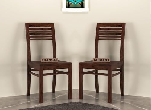 Image of 5 Line Wooden Dining Chairs Set of 2 for Kitchen & Dining Room, Two Seats, Solid Sheesham Wood, Walnut Finish