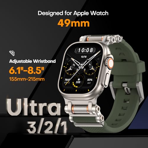 TAURI Silicone for Apple Watch Bands Ultra 3/2/1 49mm [Liquid Silicone Strap + Stainless Steel Metal Connector] Sport Band for iWatch 49mm Adjustable Band Men Women, Army Green