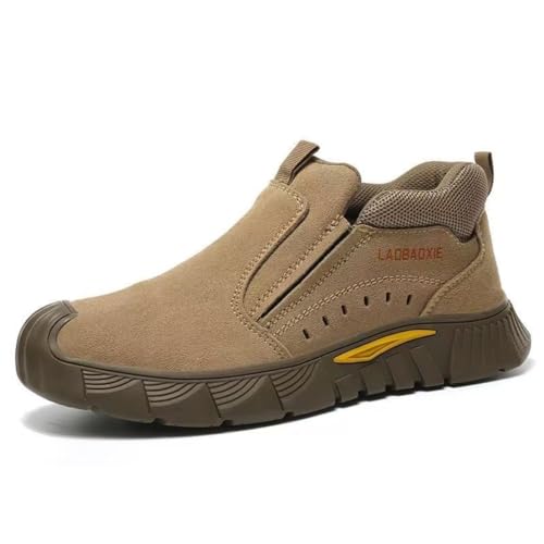Anti-Slip Roofing Shoes for Men - Indestructible Safety Work Shoes with Protective Hard Toe Enhanced Grip Insulating Bottom, Lightweight Breathable Roofer Boots for Shingle Roof Construction Repair (Tan,8.5)