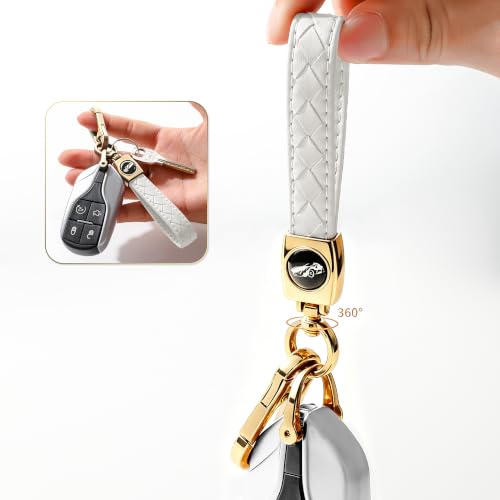 Image of Gkeygo Carabiner Keychain, Universal Heavy Duty Woven Handmade Leather Key Chain, Car Fob Key Keychains with 360 Degree Rotatable Snap Swivel and Anti-Lost D-Ring for Men and Women,Light Gold - White