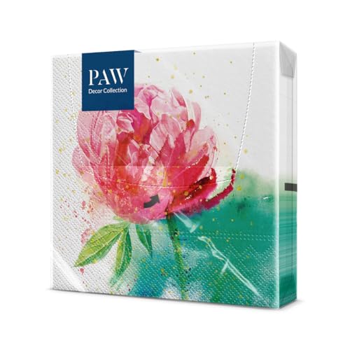 PAW - Servilletas Papel 3 Capas (33 x 33 cm) I 20 Unidades I Perfecto para Cumpleaños, Fiestas, Bodas, Comuniones y Celebraciones I Decoración de Mesa Elegantes I Peonía Acuarela