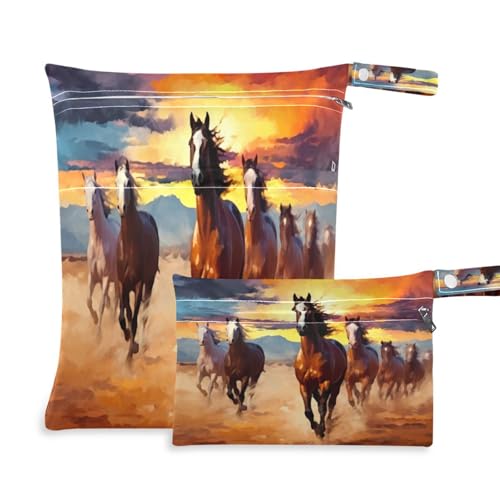 ATTX Red Orange Brown Horses Wet Dry Bags 2-Pack - Reusable Cloth Diaper Storage for Travel, Beach & Gym | Multi-Use Waterproof Bags for Swimsuits, Baby Clothes, Sports Gear#344
