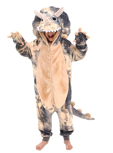 Loiahoer Kids & Teens Triceratops Onesie Costume Tie-dye Dino Halloween Costume Cosplay Costume Zipper for Girl and Boy Grey S