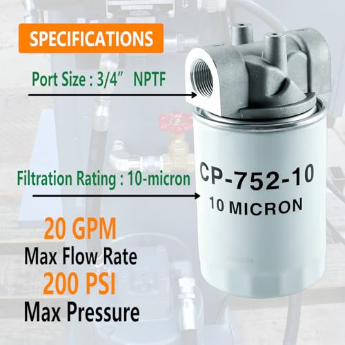 Image of Hydraulic Oil Filter Assembly,10 Micron,3 /4 inch NPT, 20 GPM,200 PSI, Hydraulic Return Line Filter Housing with Indicator Port for Log Splitters & Mini Excavators,Models 723-0405, CP-752-10,221006 kit