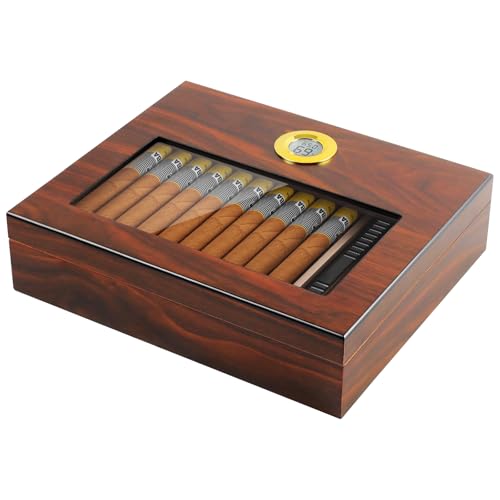 Humidificador de puros Dayear, humidificador de escritorio para 15-20 puros (puros no incluidos), estuche de madera artesanal para puros con higrómetro y humidificador, caja de almacenamiento para
