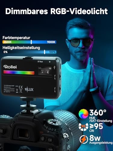 Rollei LUX Compact RGB Kamera Licht, Led Dauerlicht mit 360 Farben und 13 Lichteffekten, Kompackte LED Fotolicht 125g 98 CRI/TLCI mit Integrierter Akku, Fotolicht-Dauerlicht-Fotografie-Kamera-Licht