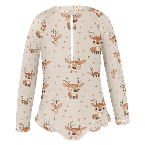 Cute Reindeer Animals Girls Long Sleeve Swimsuit Rash Guard One Piece Bathing Suits Zipper 3-12T2