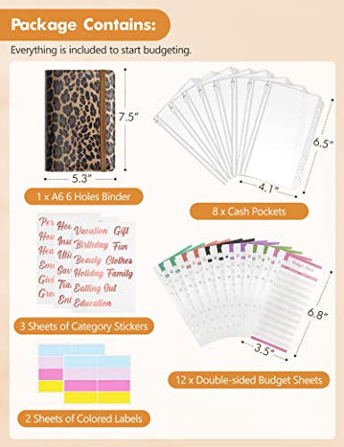 Image of A6 Budget Binder for Money Saving, PU Leather Budget Planner with 8 Cash Envelopes, Budget Sheets & Rose Gold Category Stickers, Money Organizer for Cash (Brown Leopard)