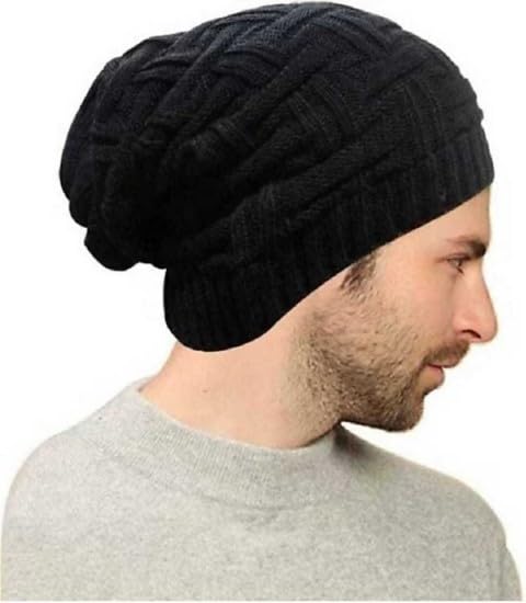 Livello Knitted Winter Beanie Cap, Slouchy Style, Woolen with Fur Inside, Black (Pack of 1)-picture-55