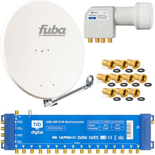 HB-DIGITAL - Sistema de satélite Profesional: Antena parabólica Fuba de 80 cm DAL 800, Reflector de Aluminio, multiconmutador para 1 satélite (multiconmutador), UHD Quattro LNB y Conector F Dorado