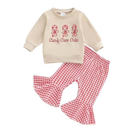 Image of fhutpw Infant Baby Girl Fall Clothes Toddler Winter Outfits Ruffle Sleeve Sweatshirts Plaid Bell Bottom Pants Headband Set