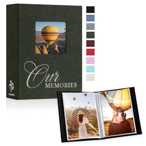 Lanpn Album Fotografico 10x15 100 Foto 2 Confezioni, Finestra OURMEMORIES Lino Piccolo Mini Album Foto Portafoto Verticale Tascabile Tasche Tasca Verde