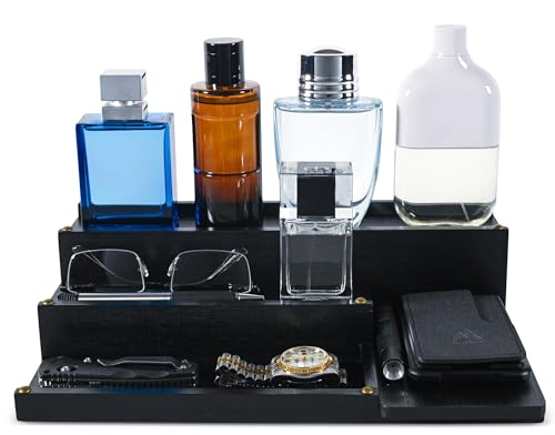 Manzano Essentials Cologne Organizer for Men, Bamboo Wood 4 Tier Display Stand with 2 Hidden Compartments, Perfume, Vanity, Dresser, EDC Organizer, Rustic Black