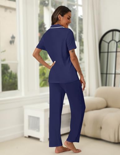 Image of HNG Women Pajamas Set 2 Piece Button Up Pajamas Pant and Short Sleeve Shirt for Woman Pj Sets with Pocket