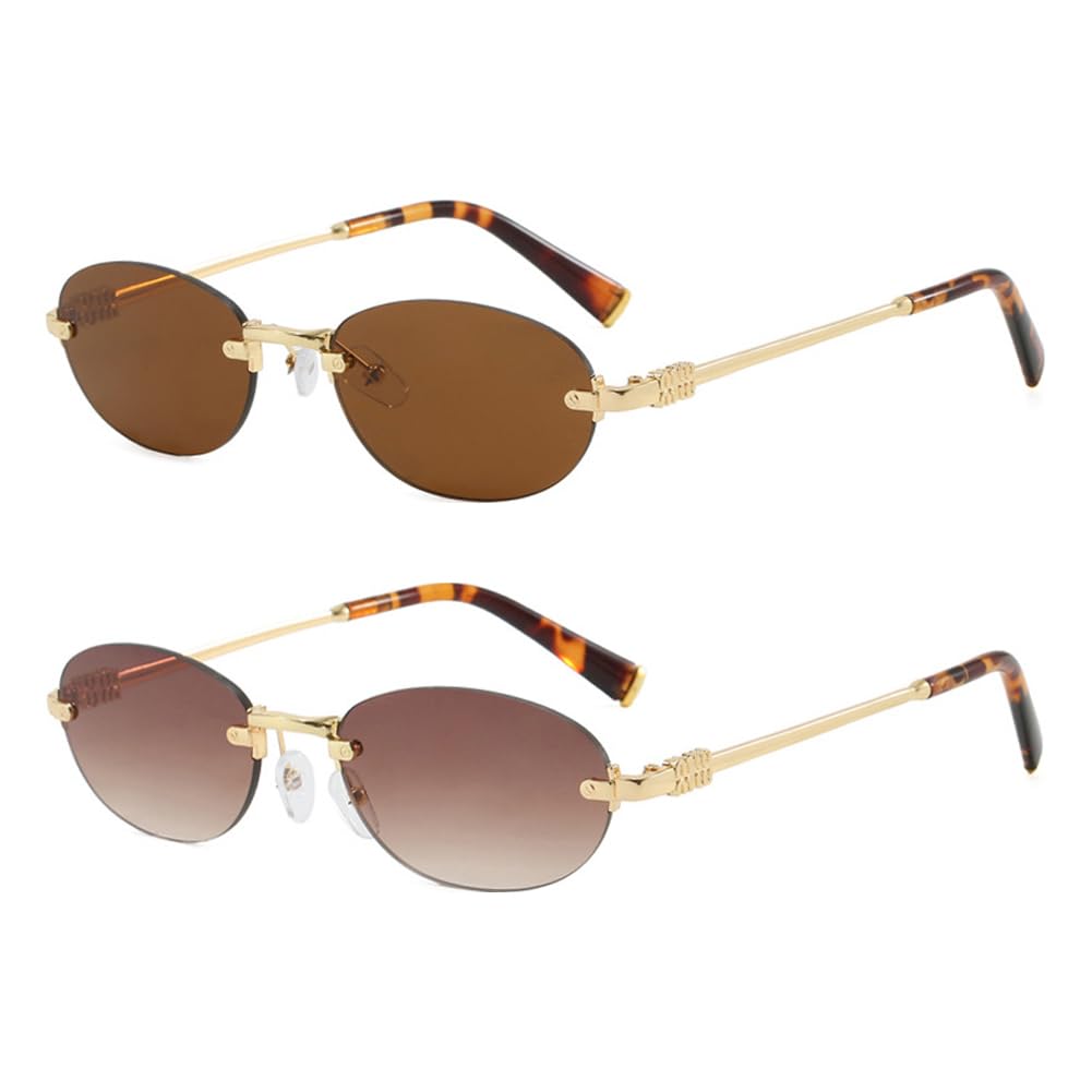 frissin Oval Rimless Sunglasses Womens UV400 Protection Gradient Lenses Gold Metal Temples Luxury Ladies Sun Glasses Minimalist Sunnies Outdoor Street Travel Party Holiday