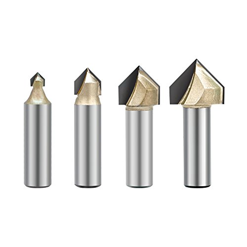 4PCS 90-Degree V Groove Router Bit, Gazeto Titanium Coated Carbide-Tipped 2-Flute CNC Engraving Bit Woodworking Chamfer Bevel Cutter, 1/2-Inch Shank