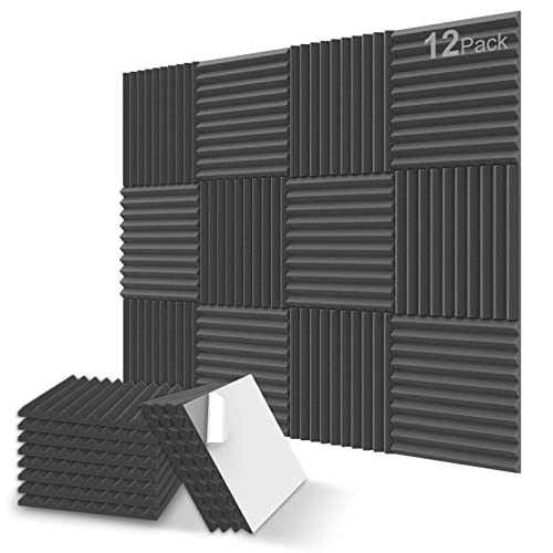 JBER 12 Pack Sound Proof Foam Panels, 1" X 12" X 12" Self-Adhesive Acoustic Foam Panels, Acoustic Panels Wedges High Density, Soundproof Wall Panels for Treatment Home Studio(Charcoal)