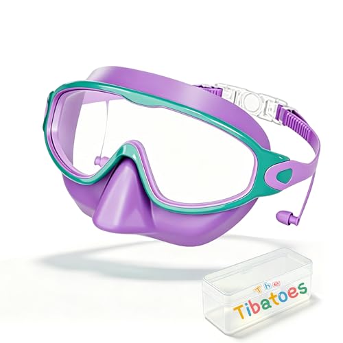 The Tibatoes Clip-On Swim Goggles for Kids 3-14 No Leaks No Fog Anti-UV 180 Wide View Pool Water Swimming Goggles (Purple A Nose Cover)
