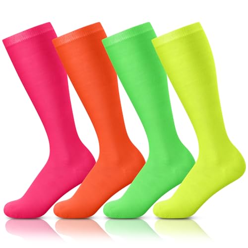 4 Pairs Neon Knee High Socks Solid Color Unisex Long Tube Athletic Knee High Calf Neon Roller Skate Socks for Roller Skating Month Party Outdoor Sports Soccer Training