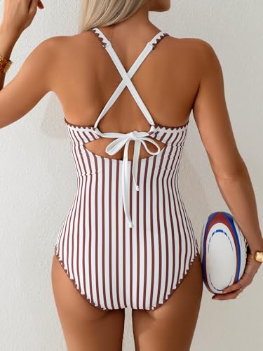 Image of Eomenie Women's One Piece Swimsuit Tummy Control Slimming Bathing Suit Ruched Swimwear Tie Back Shell Stitch Swim Suit