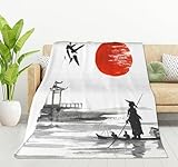 HGOD DESIGNS Japón tradicional pintura japonesa hombre con barco Manta de forro polar ultra suave acogedora floreciente decorativa manta de franela para todas las estaciones para el hogar sofá cama