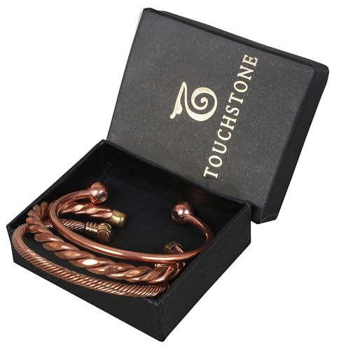 Image of Touchstone copper bracelets | gift for men women |adjustable 100% pure solid real magnetic jewelry | handmade bracelet set combo | rope braided tibetan bangles.