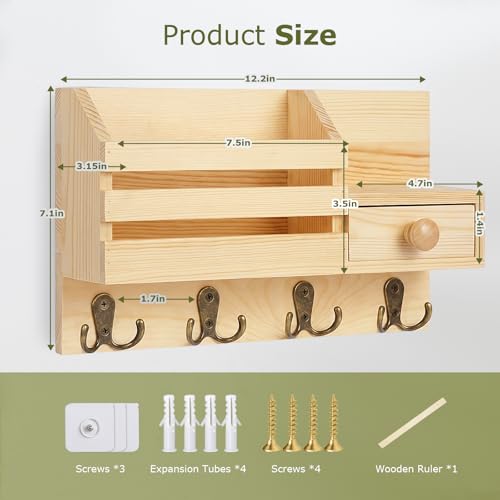 Image of Key Holder Wall Mount, Wooden Adhesive Mail and Key Organizer with Drawer, Small Shelf, 8 Hooks, 2 Installation Methods, Natural