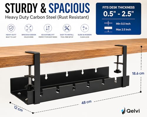 Image of Qelvi Premium Heavy Duty Cable Management Tray (30-55 cm) | Adjustable Desk Cable Organizer for Wire Management, Extension Board & Router | Carbon Steel | Matte Black | 1 Year Warranty