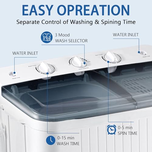 Image of DOGHLY Portable Washing Machine, 32lbs Twin Tub (20+12lbs Washer /Spinner) with 10 Hangers and Drying Rack, for Powerful Stain Removal, Semi-Automatic Compact Washer for Dorms, Apartments, RVs(Black)