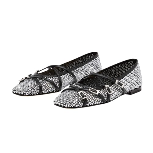 sexytag Mesh Rhinestone Strass Flats Crystal Embellished Slip On Buckle Strap Ballet Flats Square Toe Comfortable Dress Shoes2