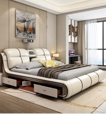 AWDSmart Bed King Size Provided with Projector Massage Bluetooth Speaker Storage Drawers Safe Air Purifier Clock Display Bedroom Essential King Size Bed Luxurious Modern Smart Bed. (Off-White)