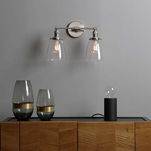 Phansthy Vintage 2 Light Wall Lamp With Switch, Double Light Wall Lighting With 5.6" Bell Shaped Glass Canopy, Retro Industrial Farmhouse Dual Light Wall Sconce (Brushed) #TOP7