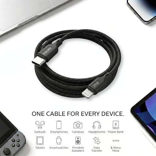 Image of PHILIPS DLC4150LB /94 27W iPhone Original Type-C to Lightning Fast Charging Cable (1.5m, Dark Slate) | MFi Certified | 480Mbps | Nylon Braided | Compatible with iPhone & Other Lightning Devices